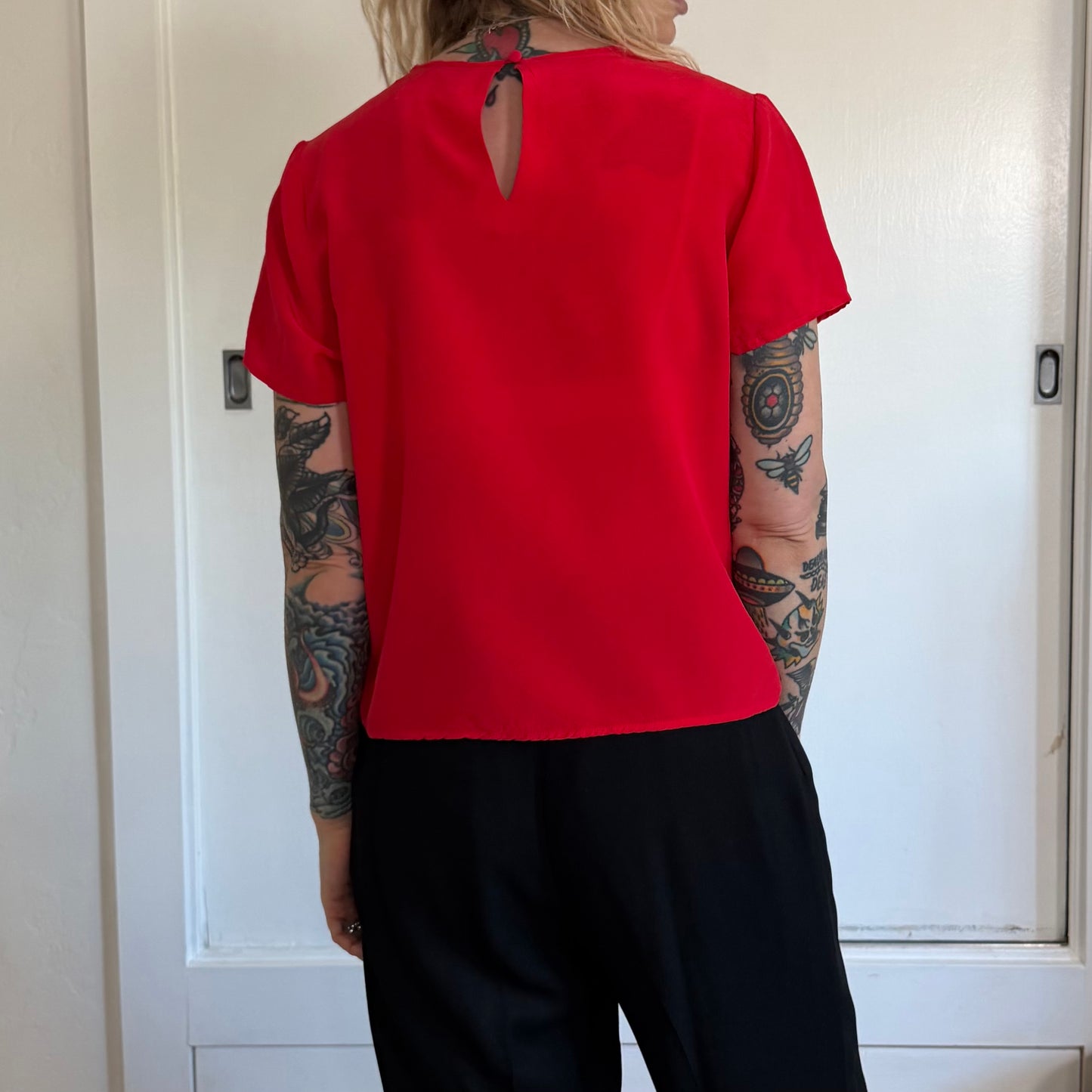 Vintage Red Silk Short Sleeve Blouse