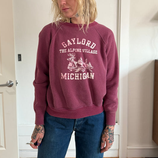 Vintage 1960s flock print Gaylord Michigan burgundy sweatshirt