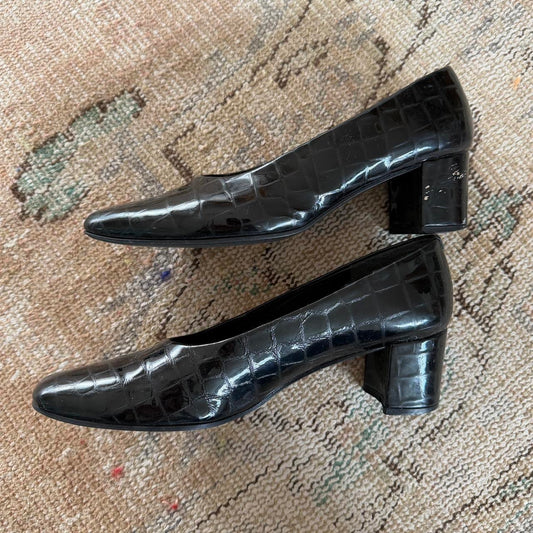 Vintage Bandolino Black Croc Embossed Block Heel Pumps Womens 7.5 M Shoes
