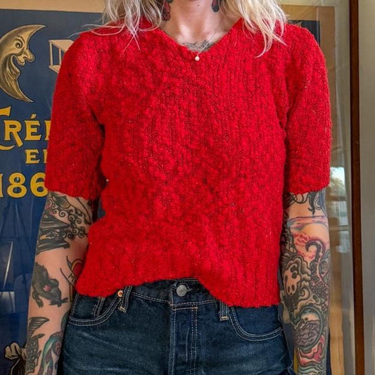 Vintage 1980s Red Knit V Neck Sweater