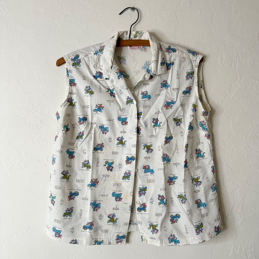 Vintage 1950s Antique Car Print Sleeveless Shirt