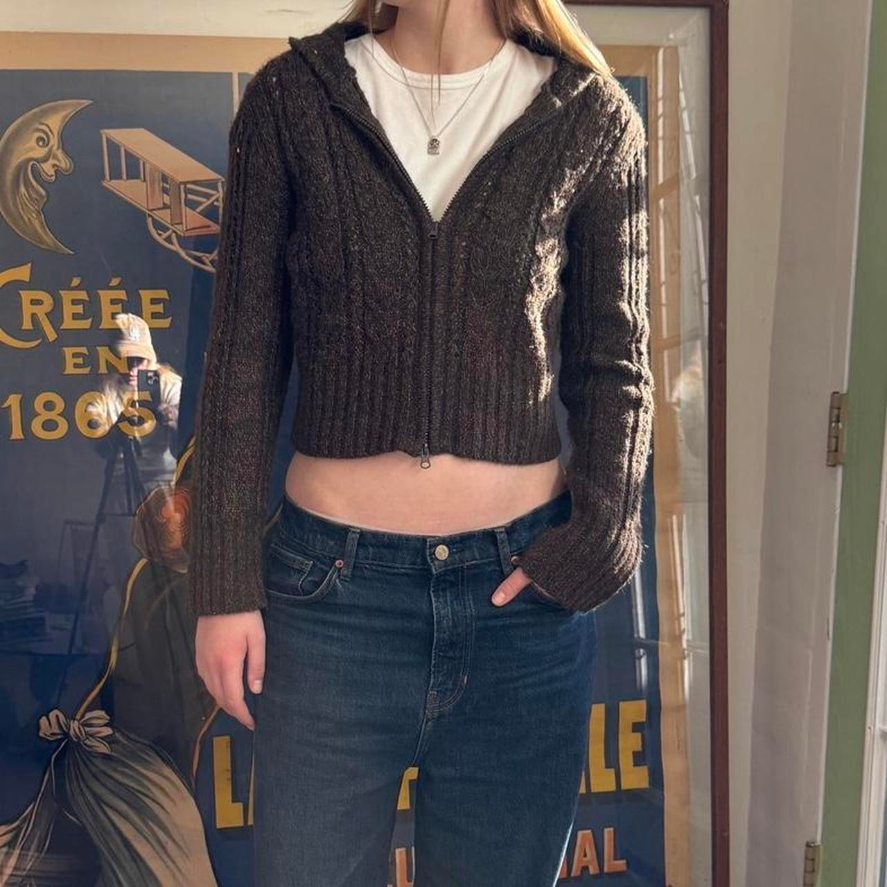 Vintage 1990s Brown Zip up Crop Knit Hooded Sweater