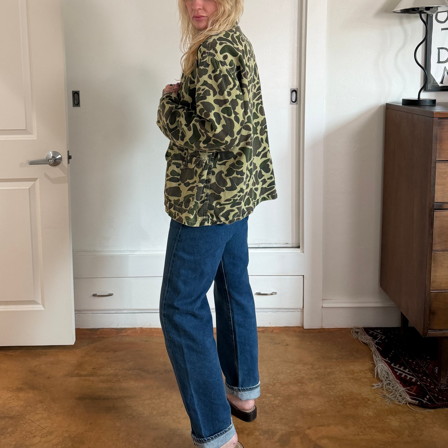 Vintage 1970s frog skin camo button up shirt jacket