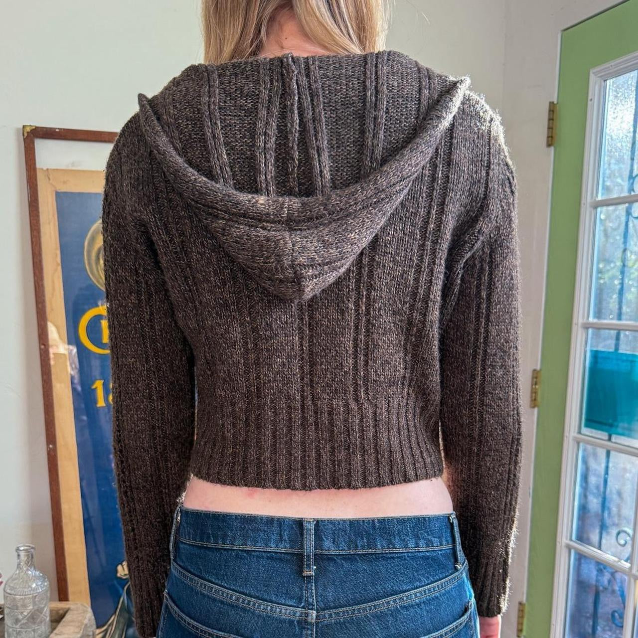 Vintage 1990s Brown Zip up Crop Knit Hooded Sweater