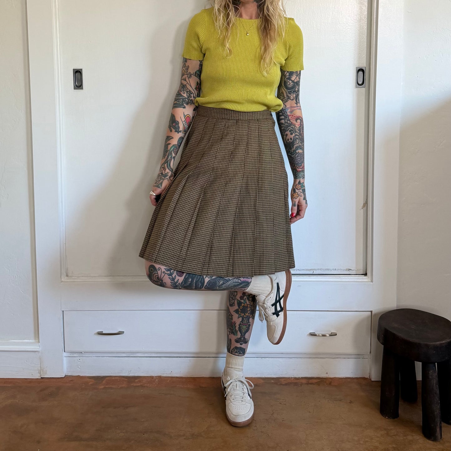 Vintage Brown Houndstooth Plaid Pleated High Waisted Skirt
