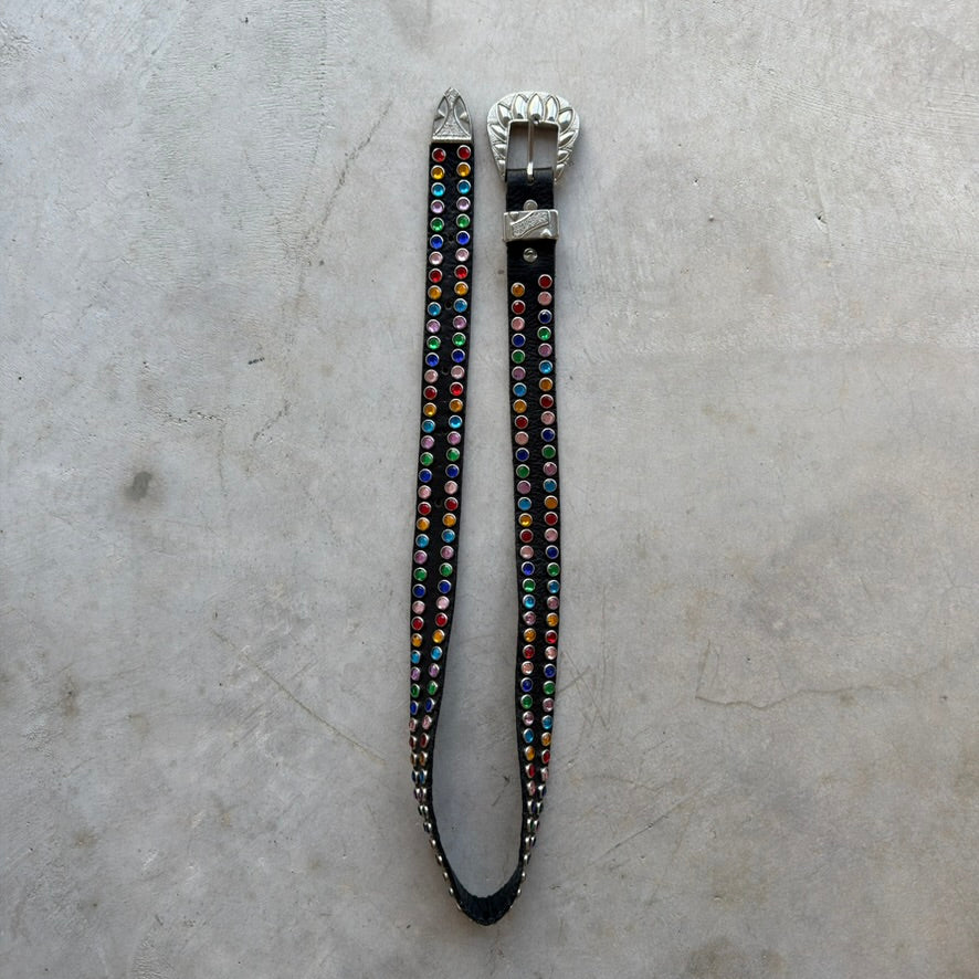 Western Black Leather Belt Multi Color Rhinestone Silver Engraved Buckle Fits 28-32in