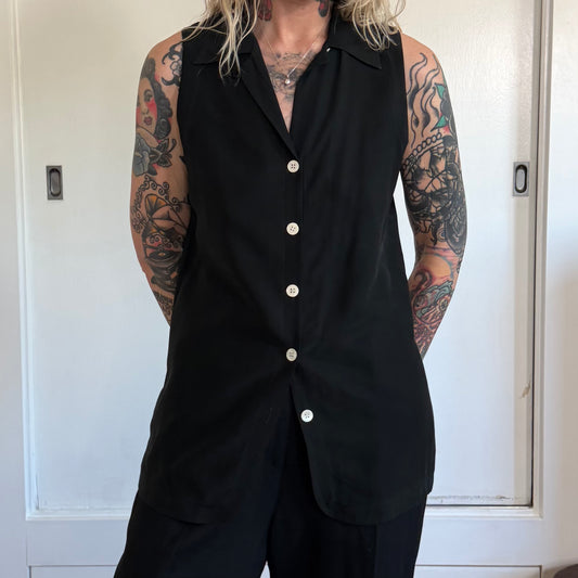 Vintage DKNY Black Silk Sleeveless Button Down Tunic Top