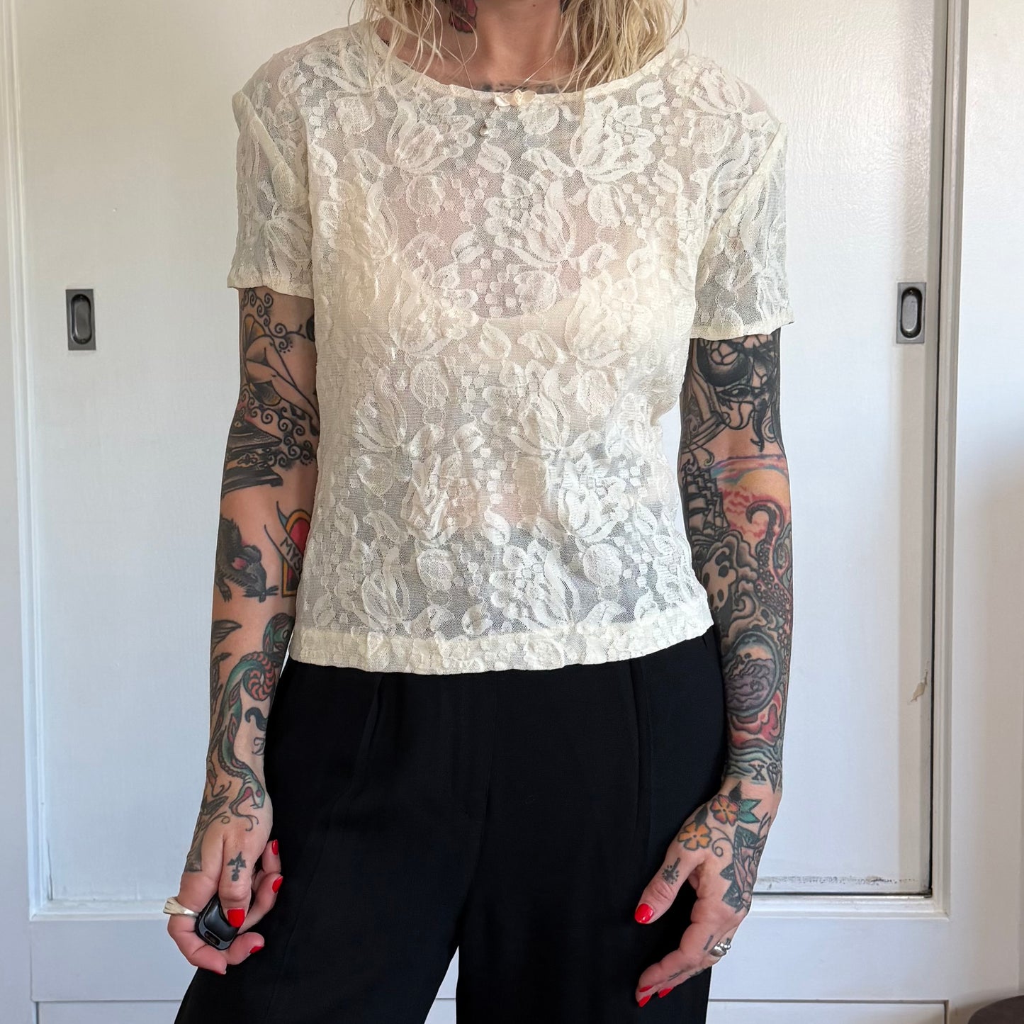 Vintage All That Jazz Cream Floral Lace Short Sleeve Top