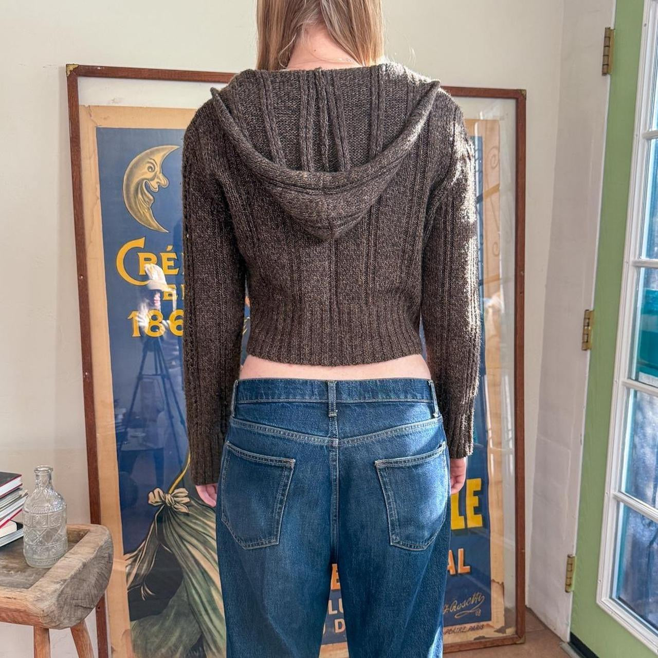 Vintage 1990s Brown Zip up Crop Knit Hooded Sweater