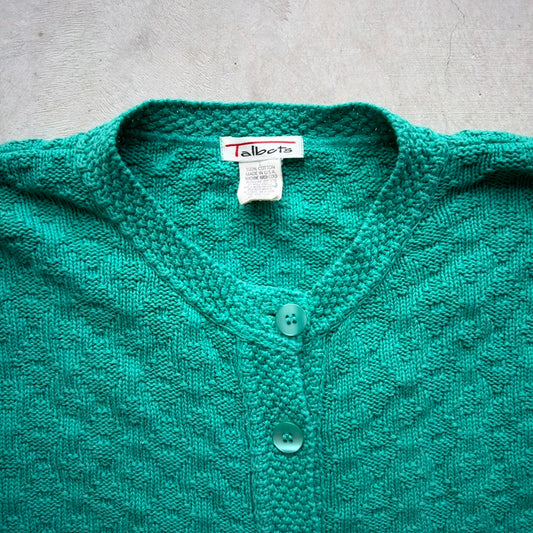Talbots Vintage Green Cotton Knit Cardigan Sweater Made in USA Womens Large