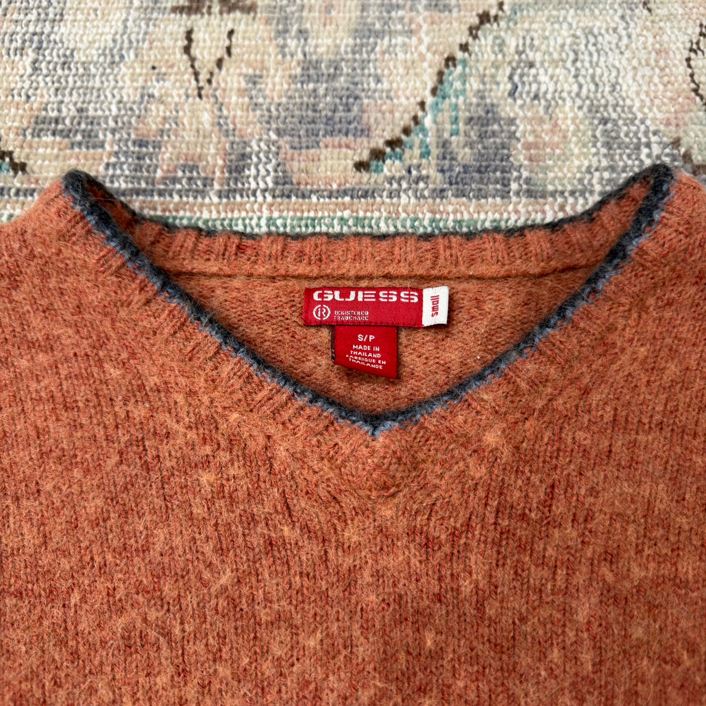 Vintage Guess V-Neck Sweater Burnt Orange Alpaca Wool Blend Y2K Small