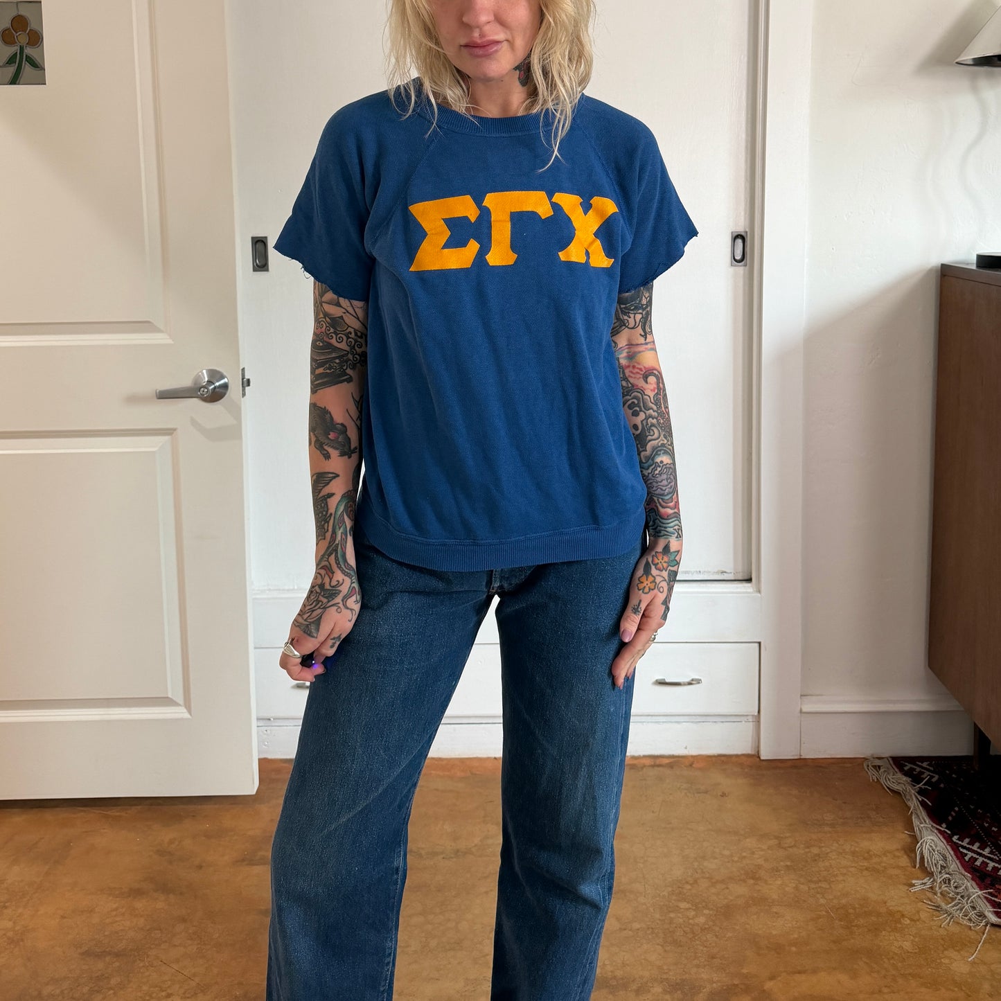 Vintage 1970s Sigma Gamma Chi Fraternity blue cut off sweatshirt