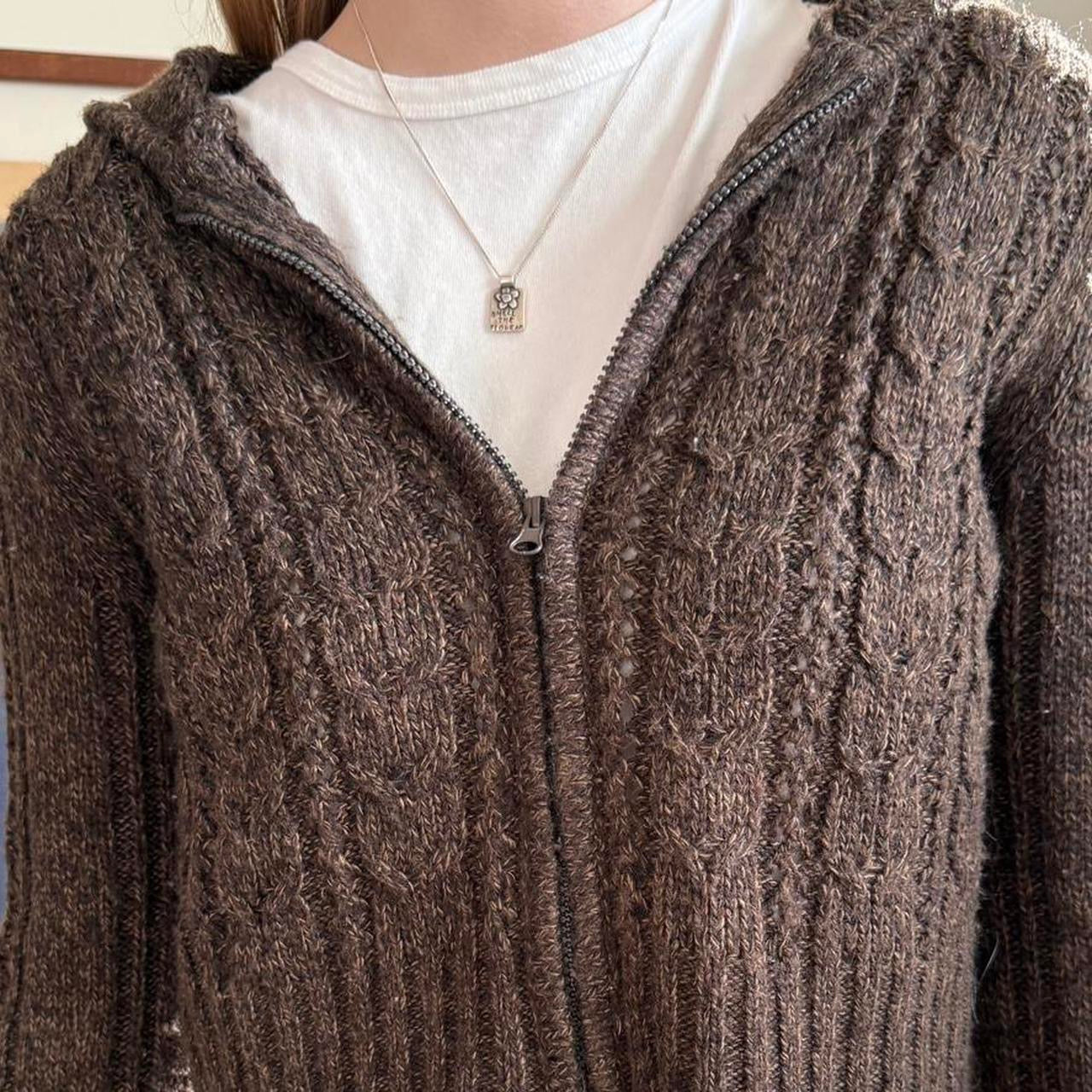 Vintage 1990s Brown Zip up Crop Knit Hooded Sweater