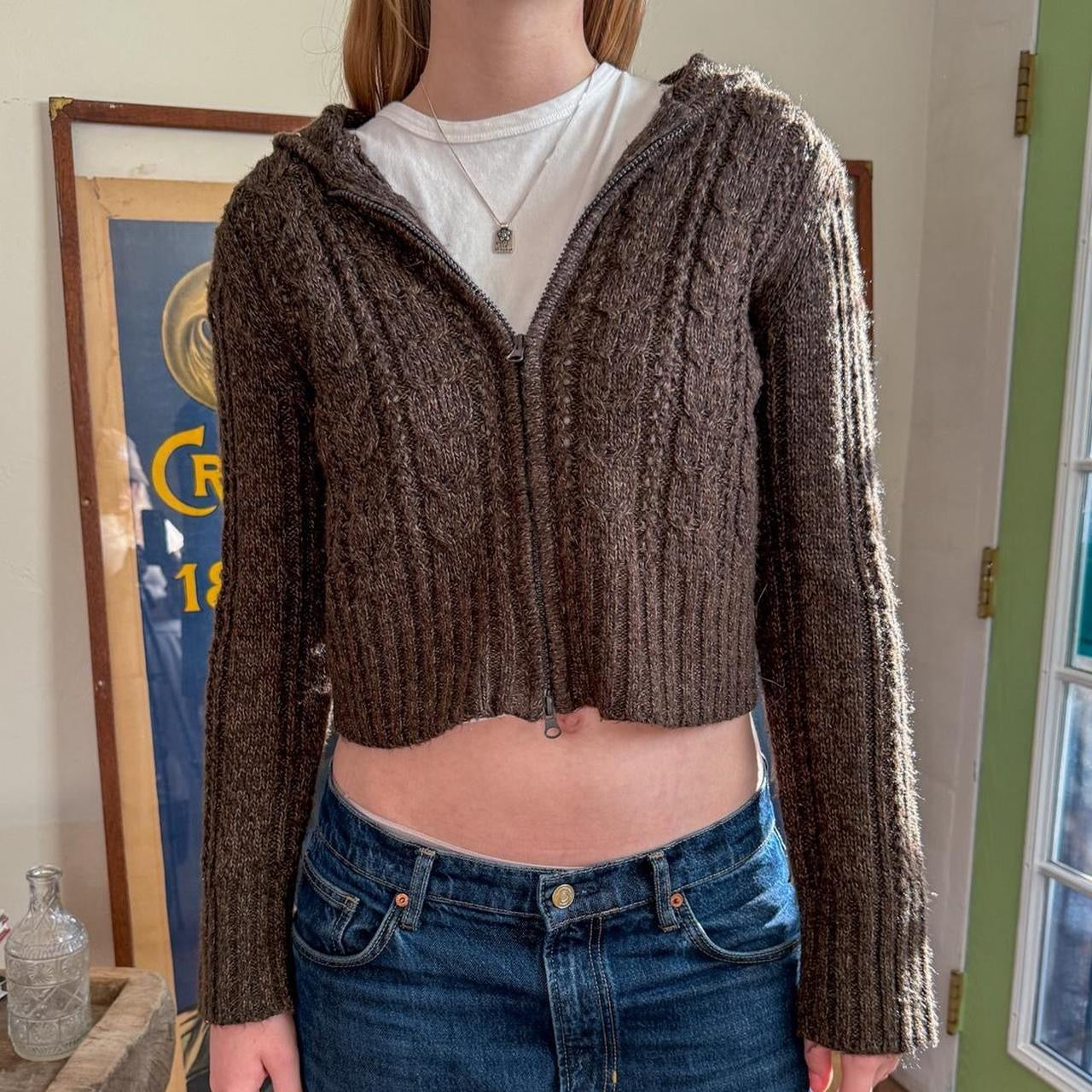 Vintage 1990s Brown Zip up Crop Knit Hooded Sweater