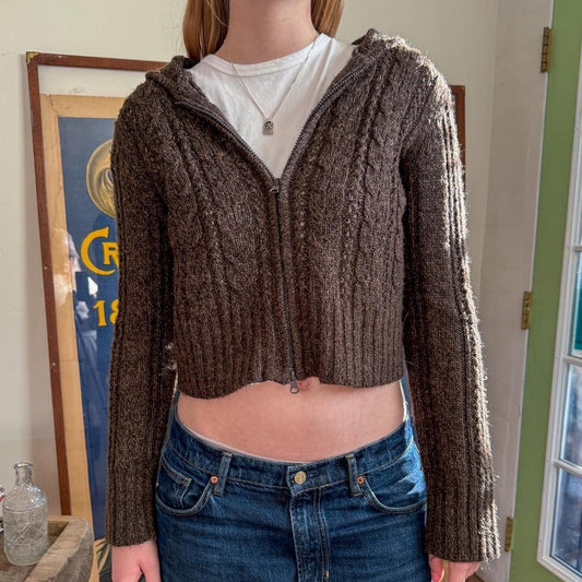Vintage 1990s Brown Zip up Crop Knit Hooded Sweater