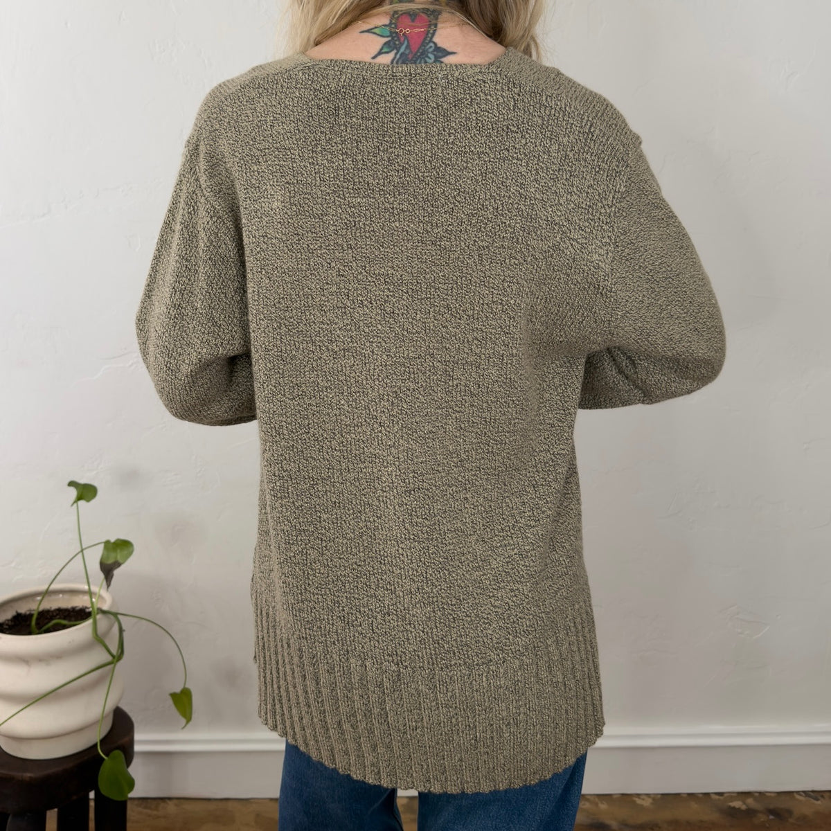 Vintage Carolyn Taylor Essentials V-Neck Marled Knit Sweater Olive Brown Large