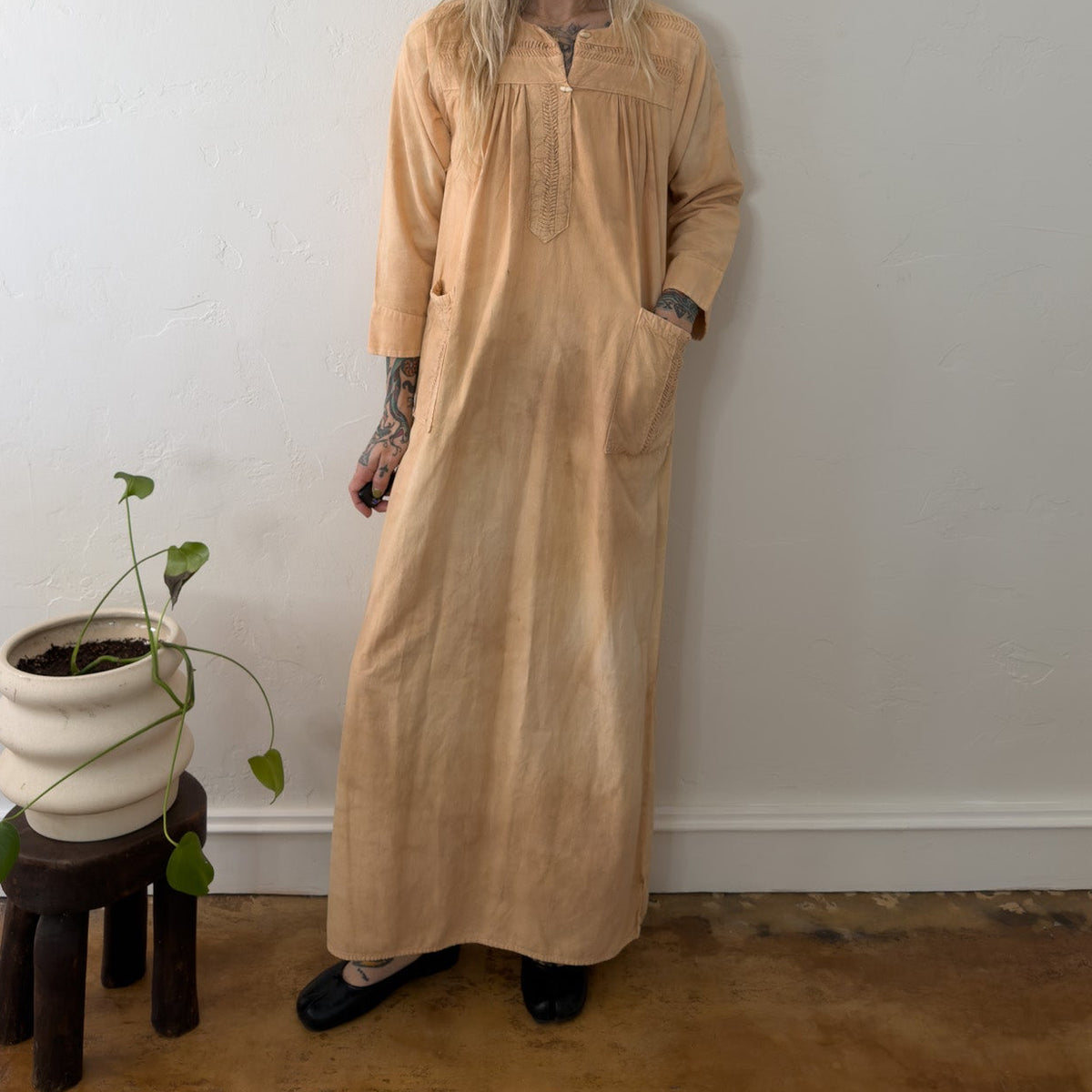 Vintage Over Dyed Orange Cotton Maxi Dress Smocked Kaftan Boho Pocket Apricot