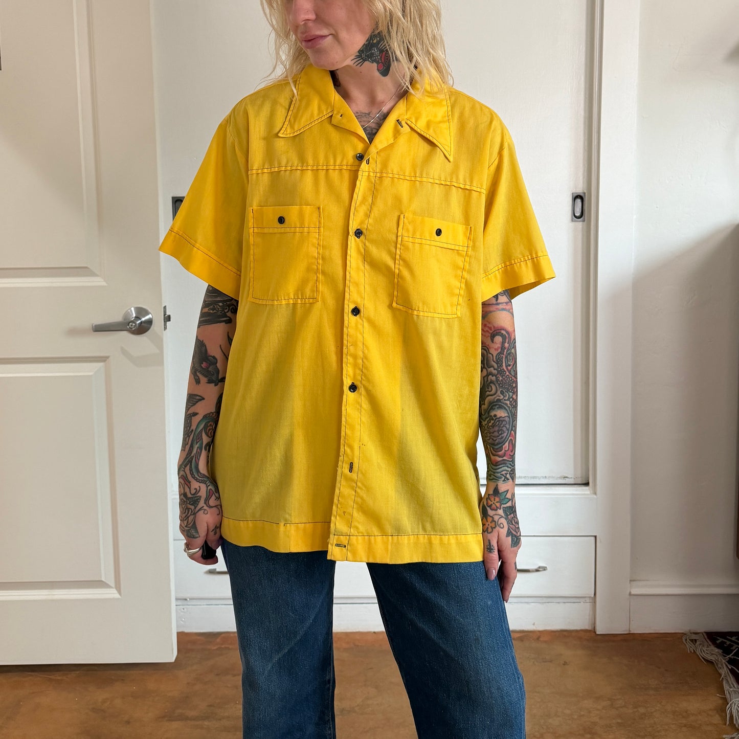 Vintage 1970s Hilton yellow button up bowling shirt