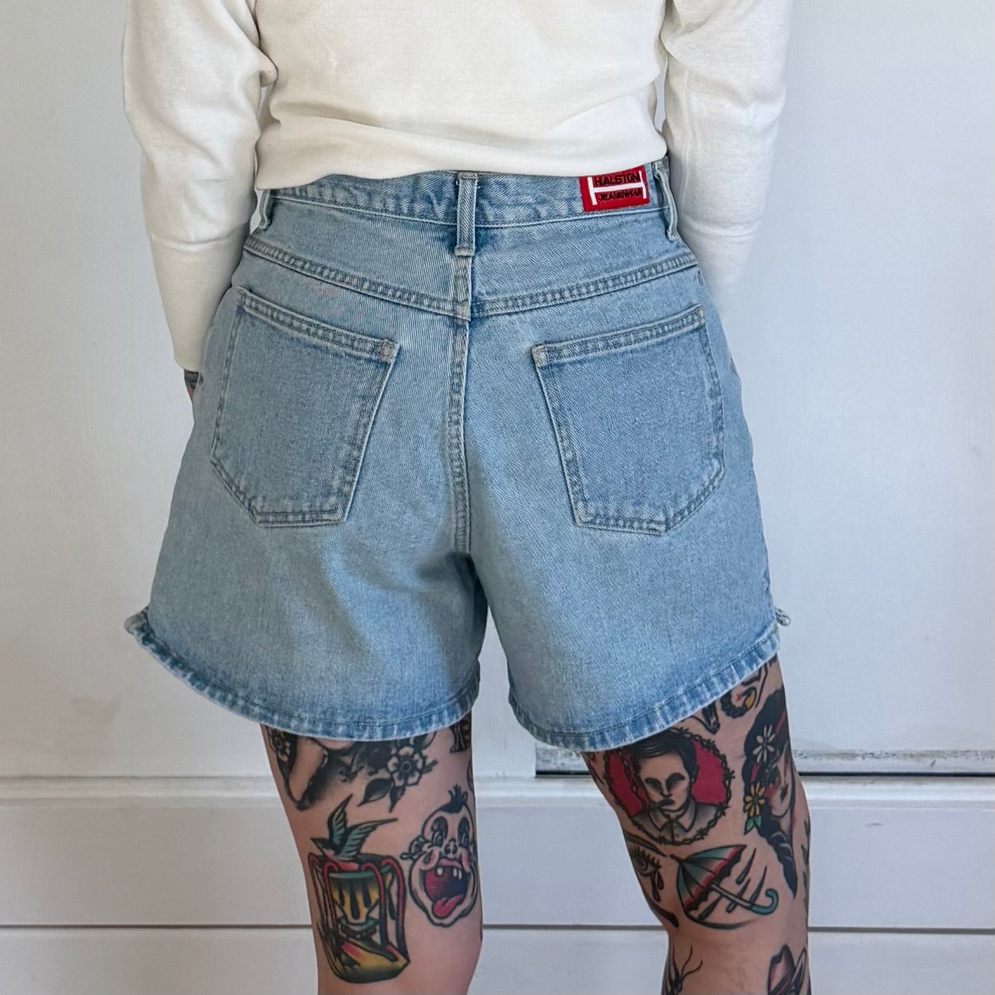 Vintage 1990s Halston Jeanswear High Waisted Light Wash Denim Shorts