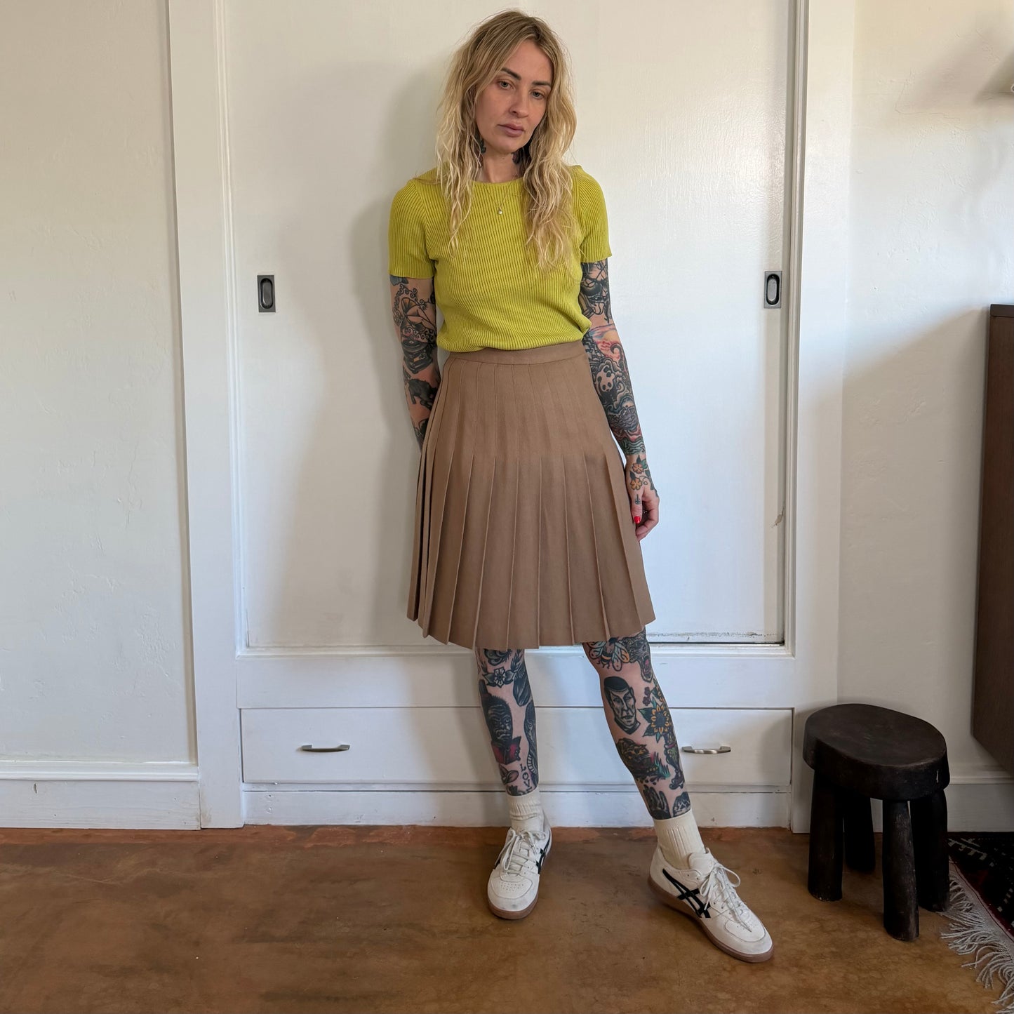 Vintage 1980s Camel Tan Wool Pleated Skirt