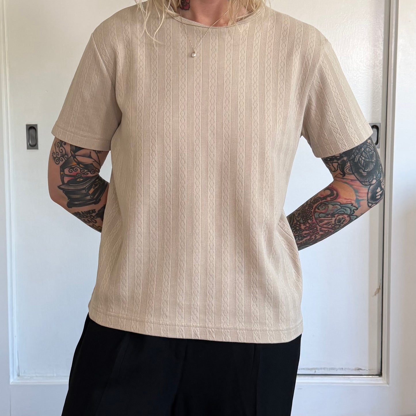 Vintage Basic Editions Beige Cable Knit Textured Short Sleeve Shirt