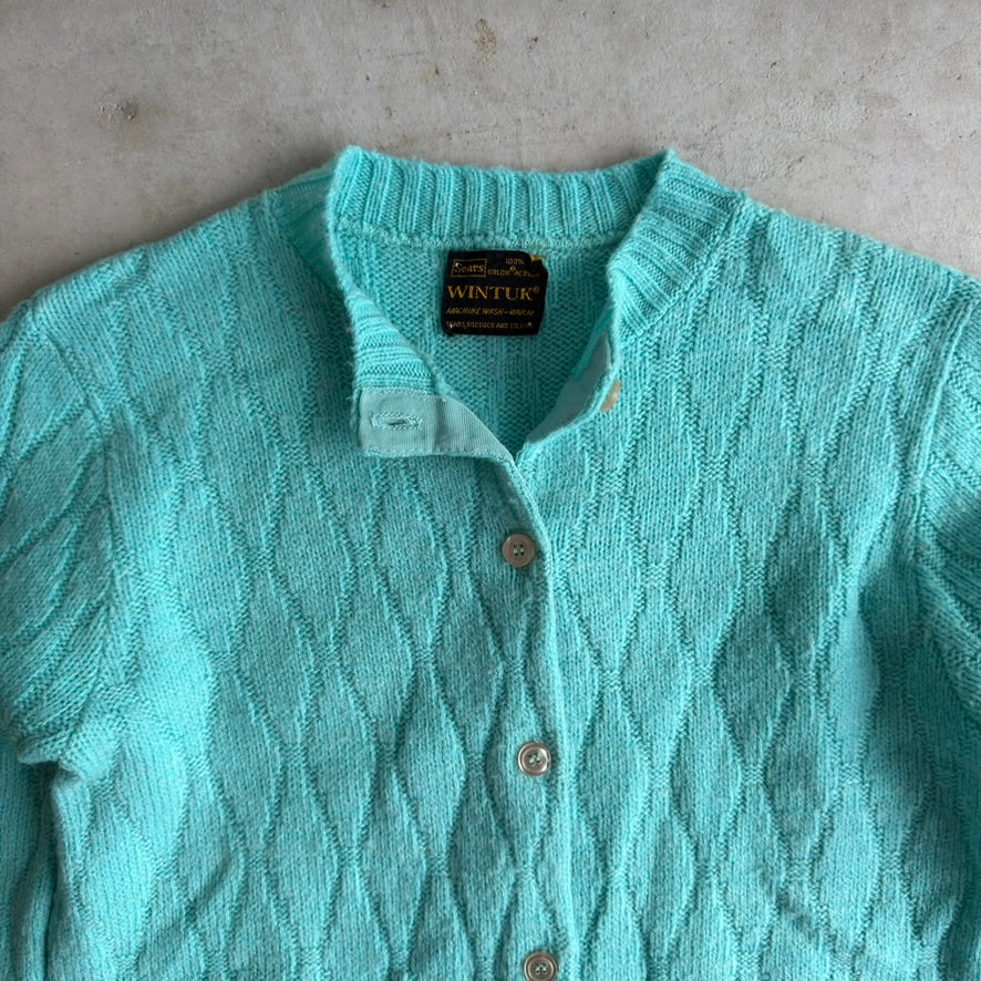 Vintage Sears Wintuk Aqua Blue Diamond Knit Cardigan Sweater Orlon Acrylic Women Small