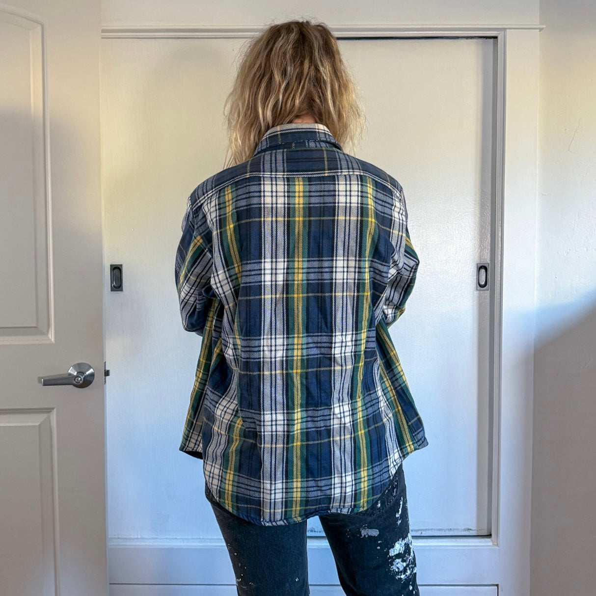 Vintage 1980s Five Brothers Navy Green White button down Flannel shirt