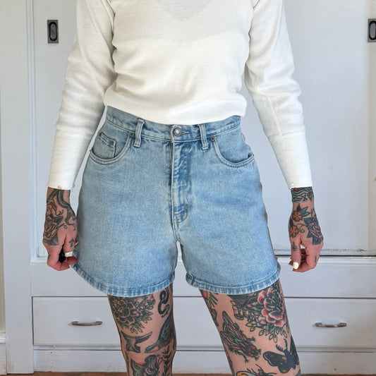 Vintage 1990s Halston Jeanswear High Waisted Light Wash Denim Shorts