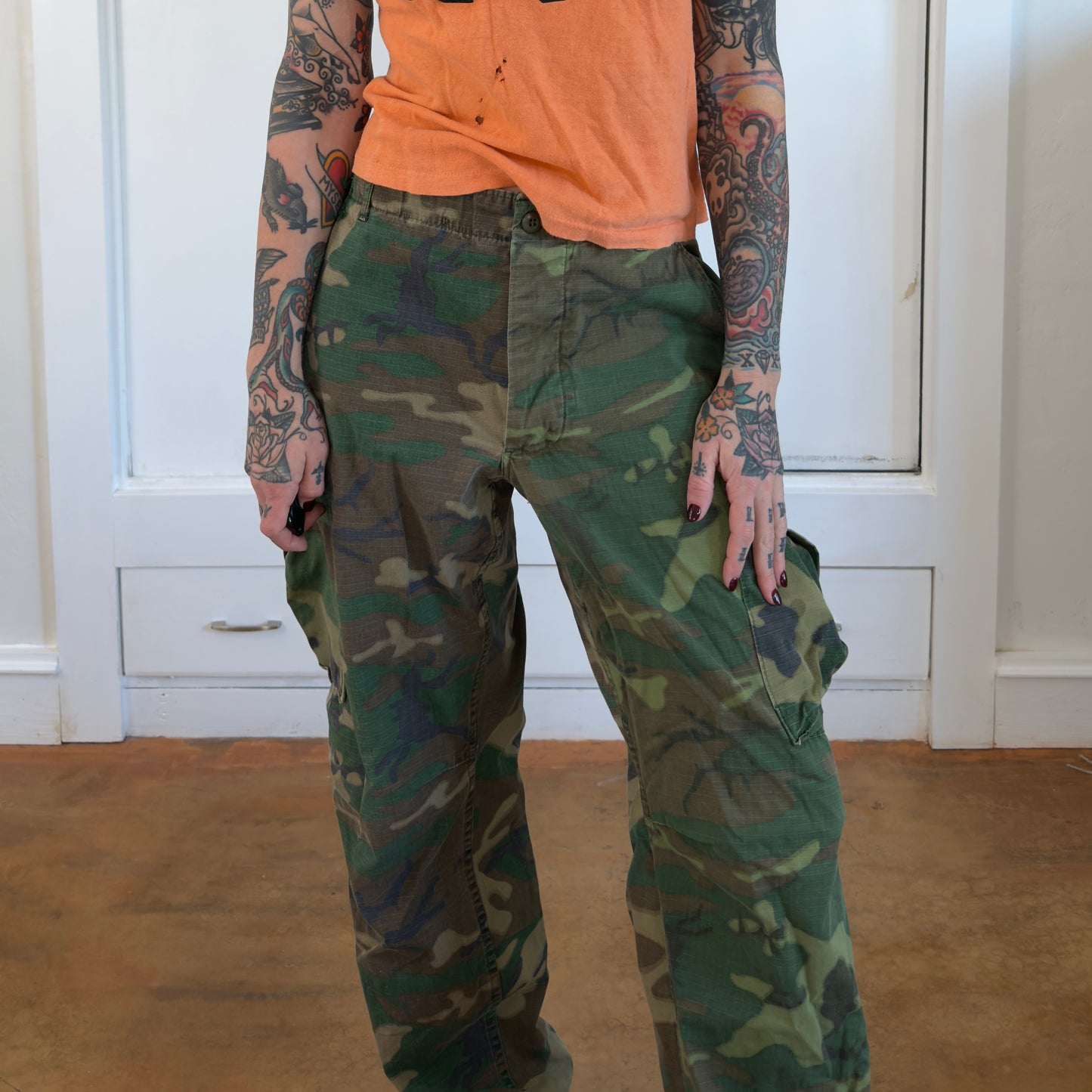 Vintage 1978 US Military Woodland Camo Cargo Pants Ripstop Combat Trousers