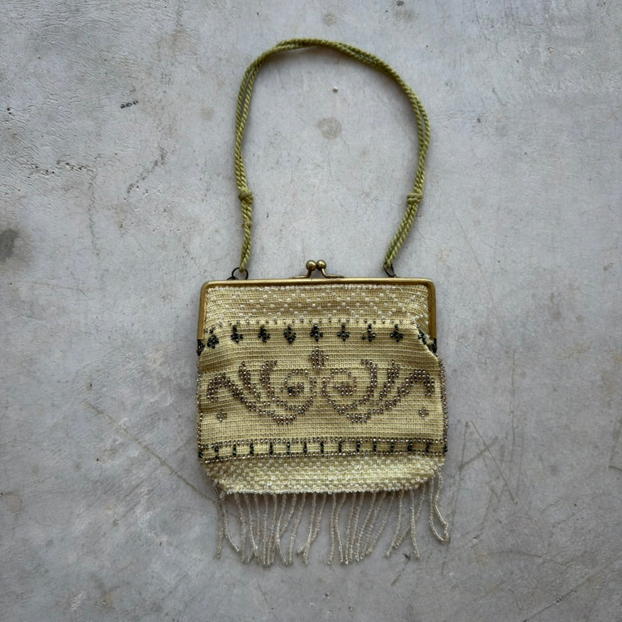 Vintage Micro Beaded Evening Bag Champagne Gold Kiss Lock Fringe Purse Handbag