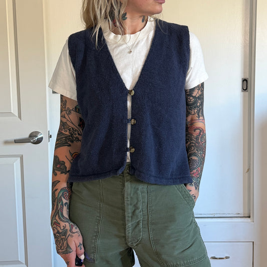 Vintage 1990s Segue knit navy blue button down vest