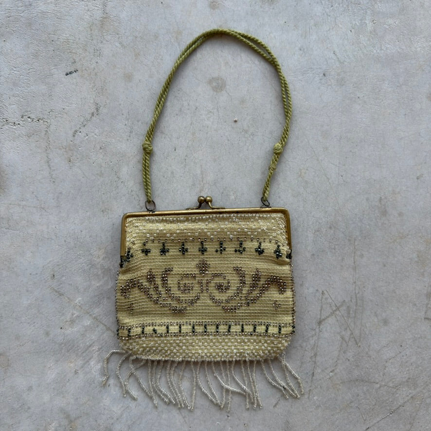 Vintage Micro Beaded Evening Bag Champagne Gold Kiss Lock Fringe Purse Handbag