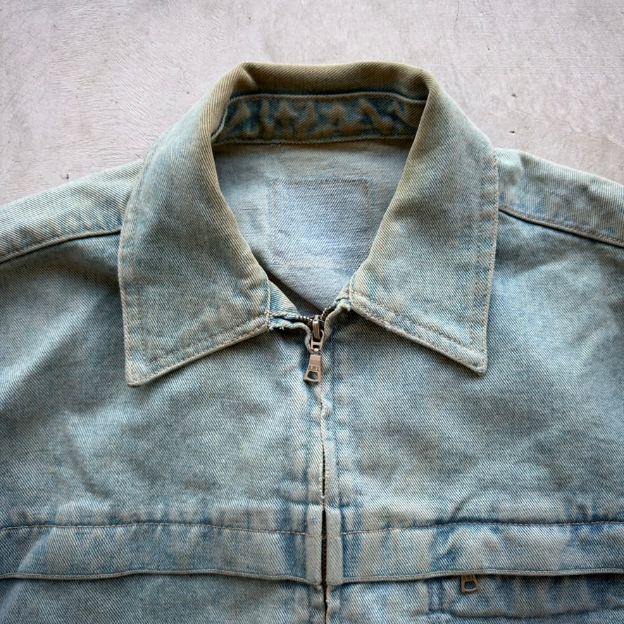 Vintage Distressed Denim Zip Up Jacket Light Wash Workwear Trucker Mens L/XL