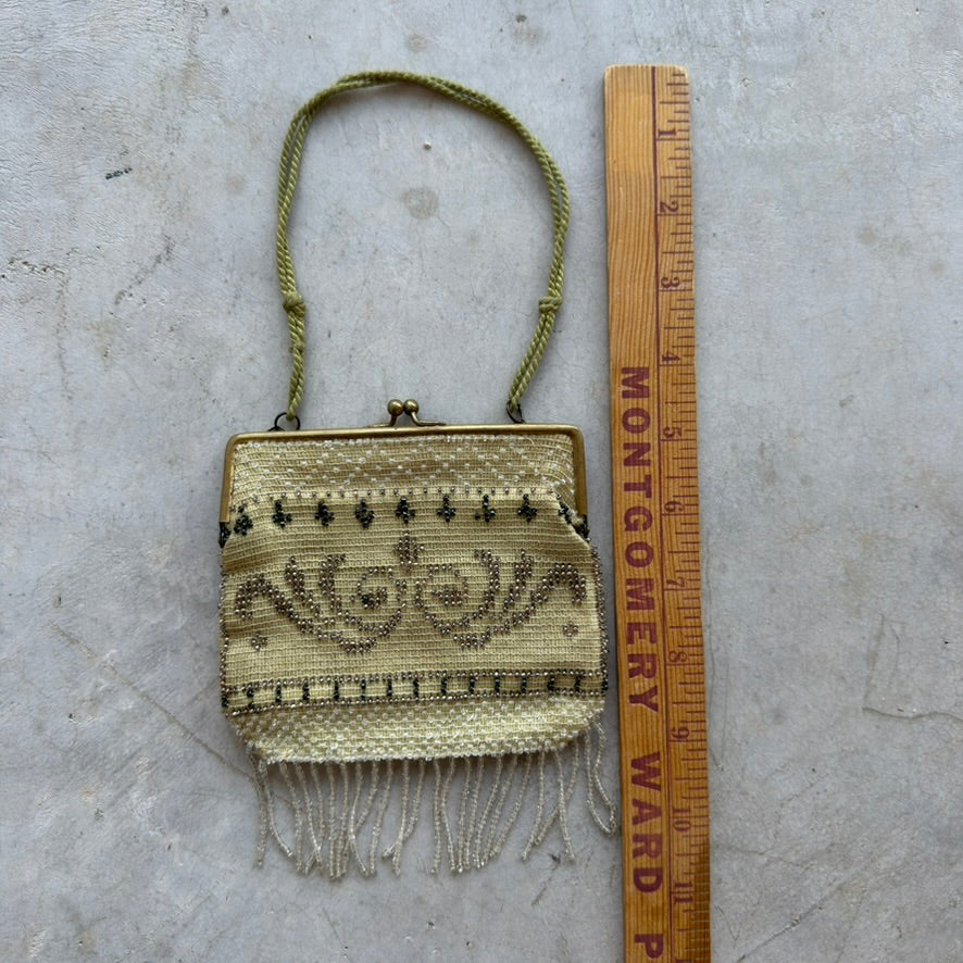Vintage Micro Beaded Evening Bag Champagne Gold Kiss Lock Fringe Purse Handbag