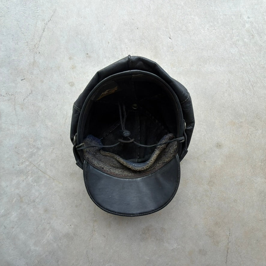 Harley Davidson Black Leather Biker Newsboy Cap Beaded Band Chin Strap Vintage