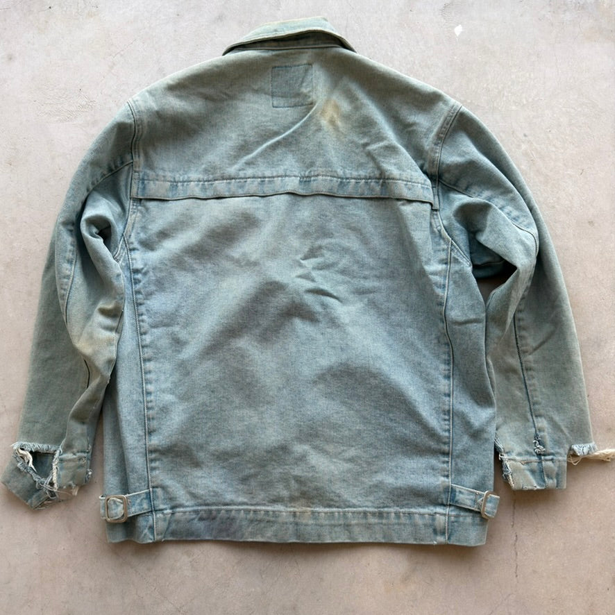 Vintage Distressed Denim Zip Up Jacket Light Wash Workwear Trucker Mens L/XL