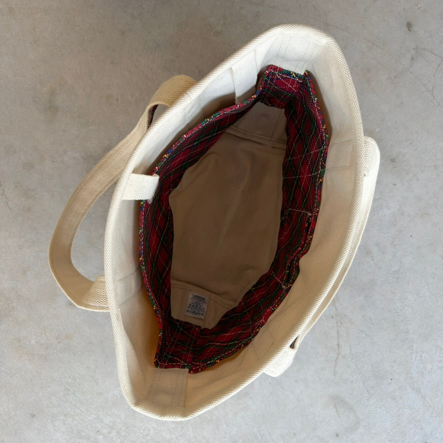 Lands End Canvas Tote Bag Cream Red Plaid Tartan Holiday Medium Open Top