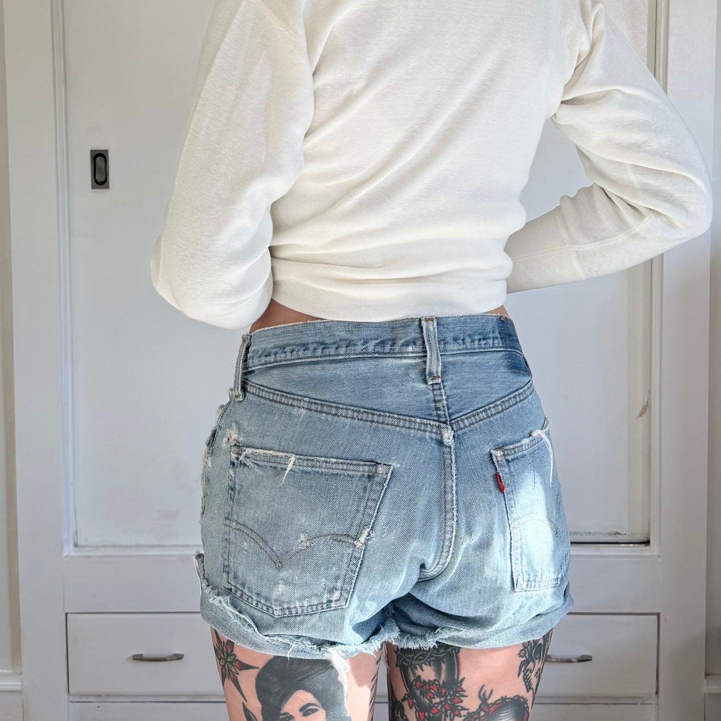 Vintage 1980s Levis 501 Selvedge Cut Off Shorts Light Wash Distressed Denim