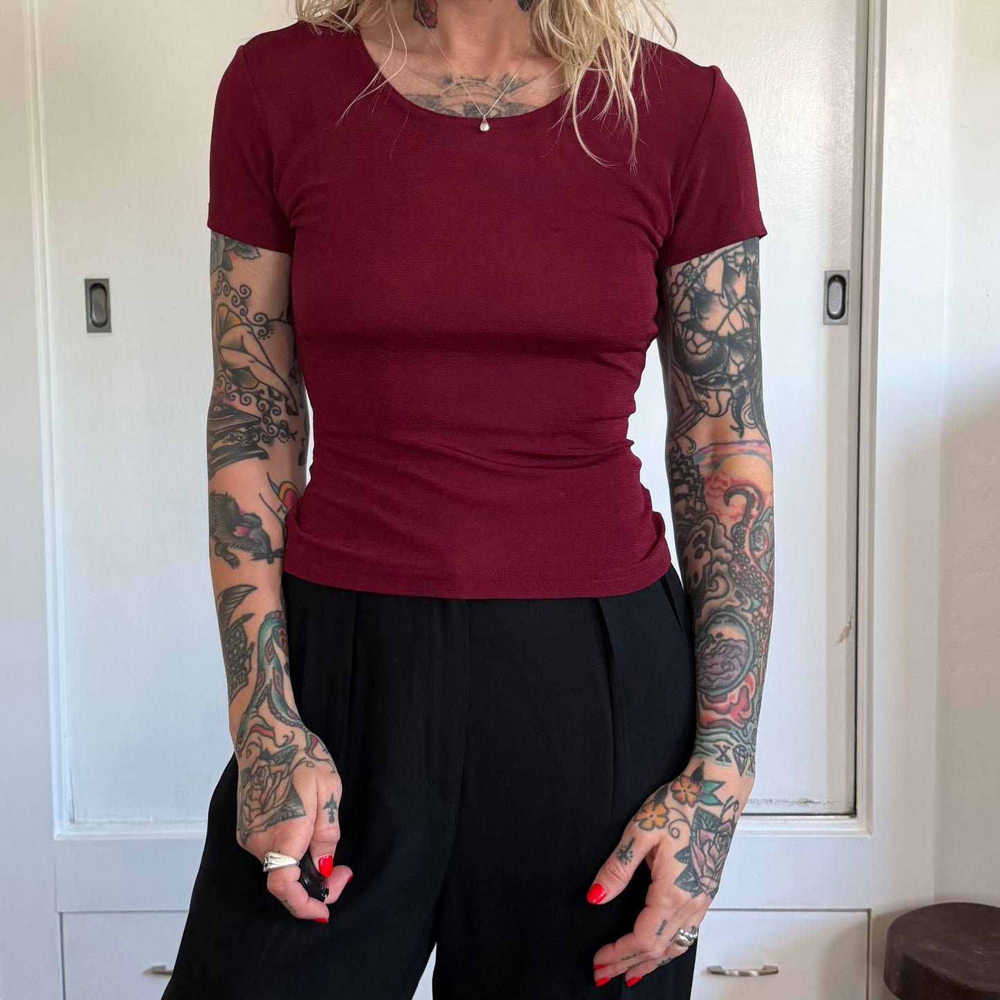 Vintage Charlotte Russe Burgundy Nylon Short Sleeve Scoop Neck Top