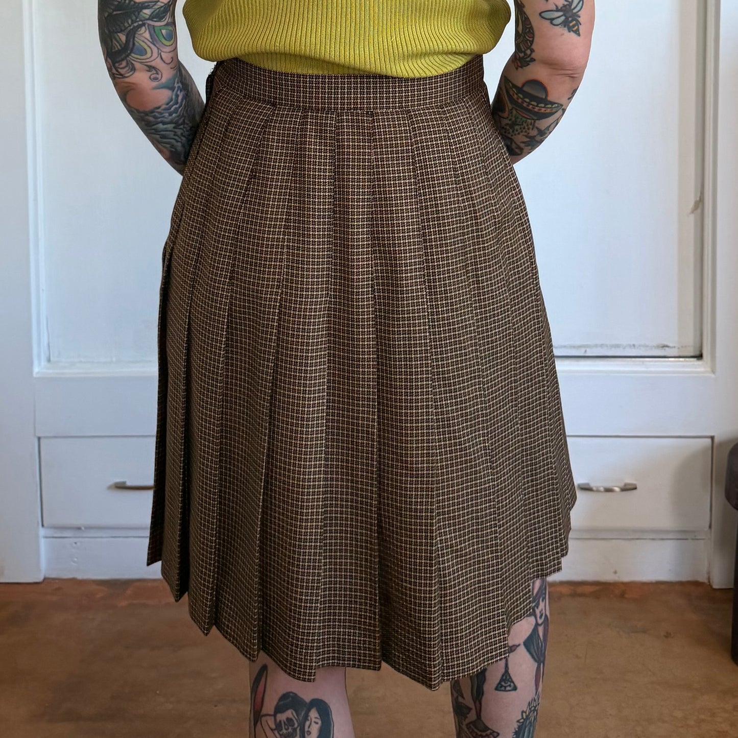 Vintage Brown Houndstooth Plaid Pleated High Waisted Skirt