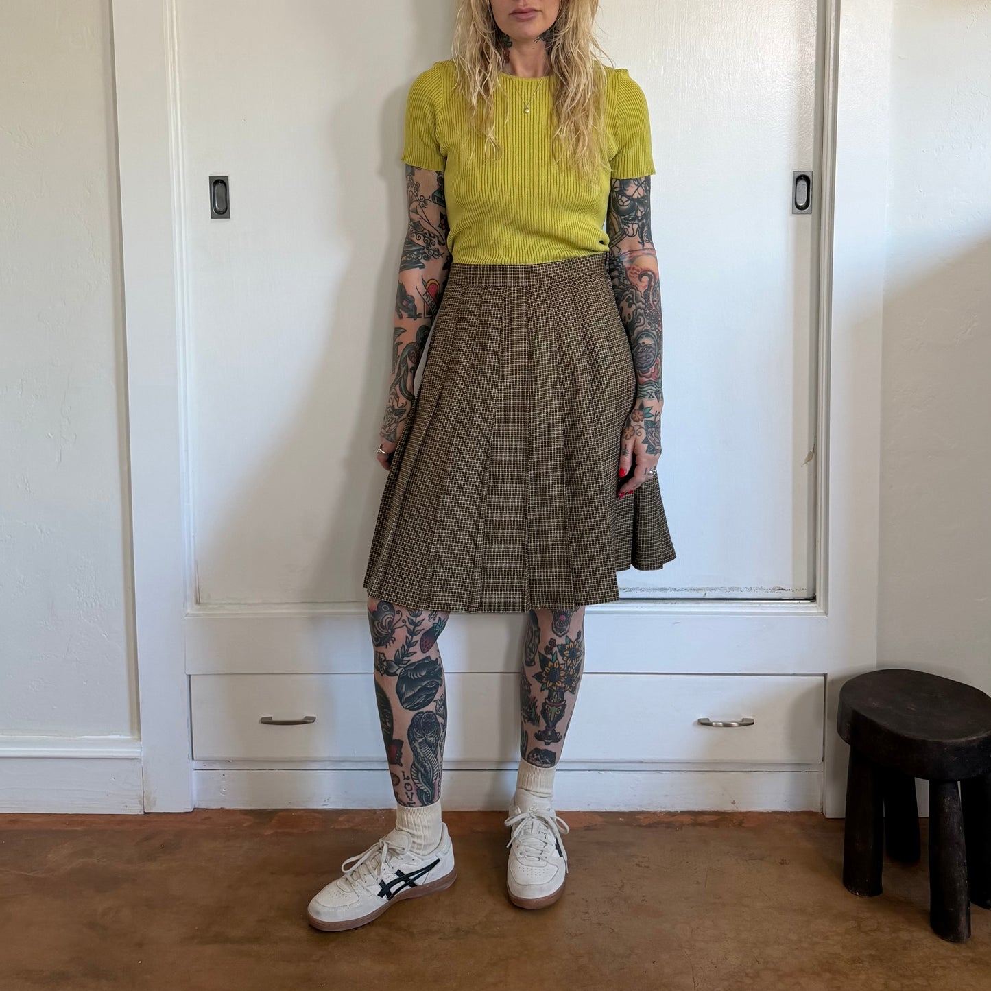 Vintage Brown Houndstooth Plaid Pleated High Waisted Skirt