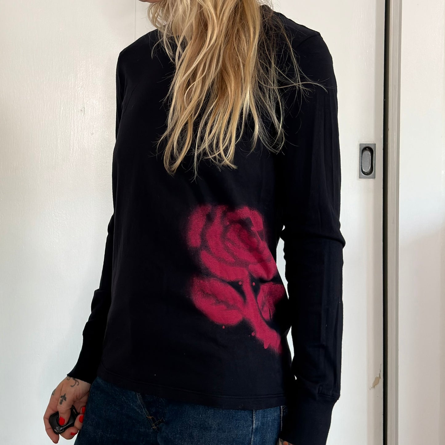 Vintage Lucky Brand Y2K Rose Graphic Long Sleeve Tee Black Cotton XL USA Made