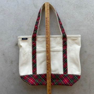 Lands End Canvas Tote Bag Cream Red Plaid Tartan Holiday Medium Open Top