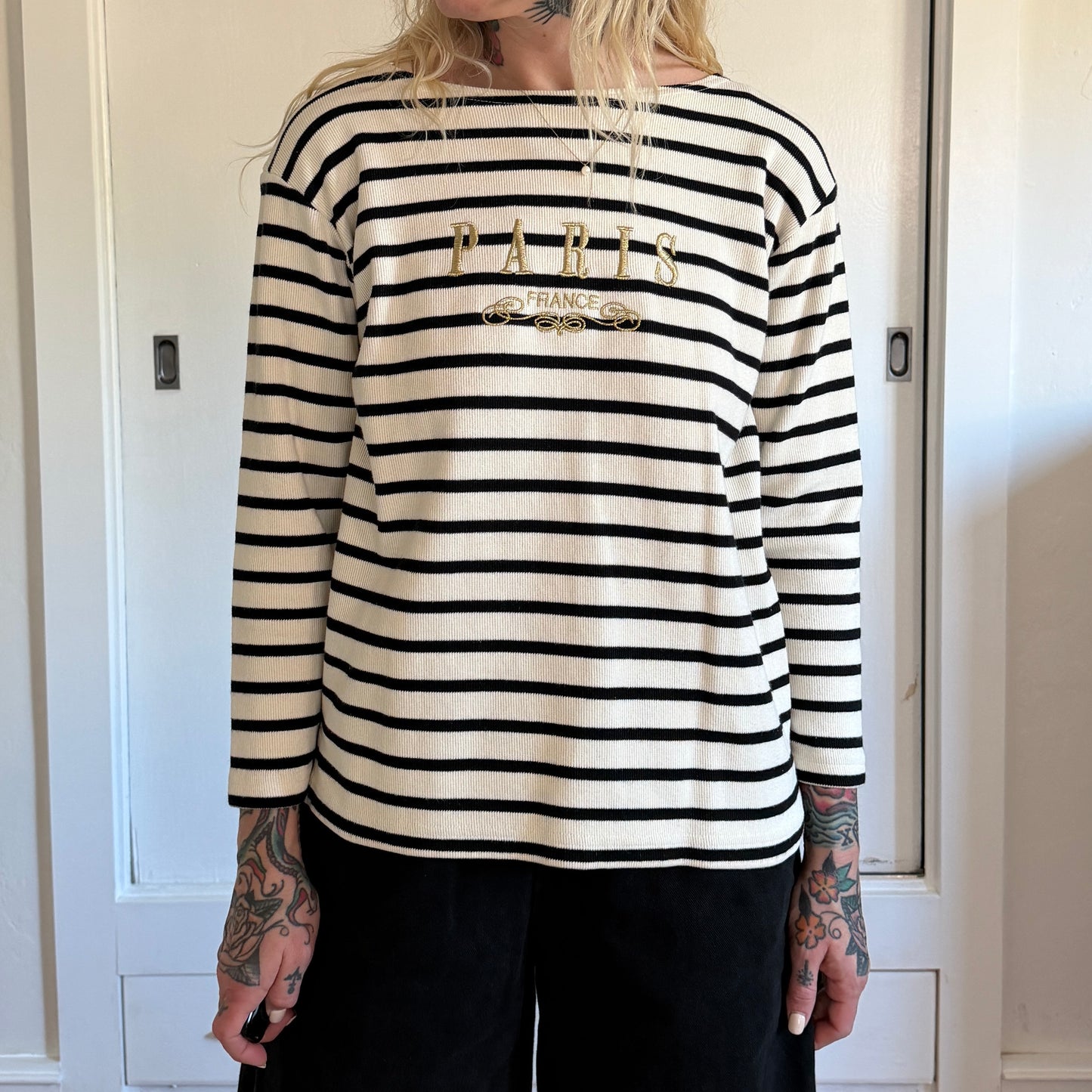 Vintage 1990s Paris France Embroidered Striped Boat Neck Top