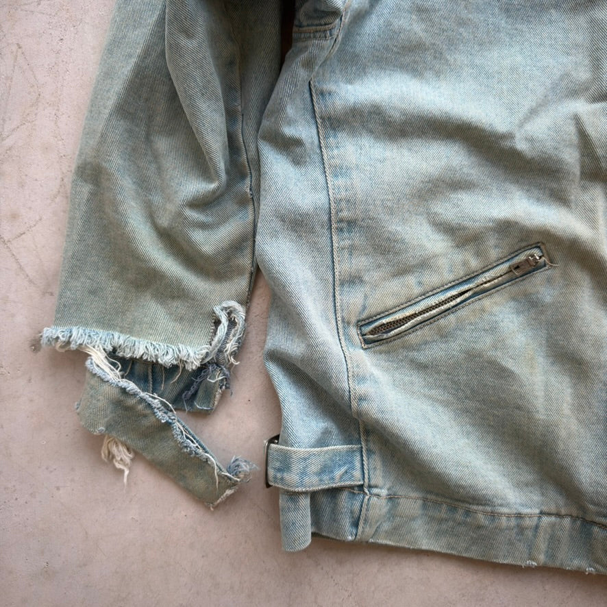 Vintage Distressed Denim Zip Up Jacket Light Wash Workwear Trucker Mens L/XL