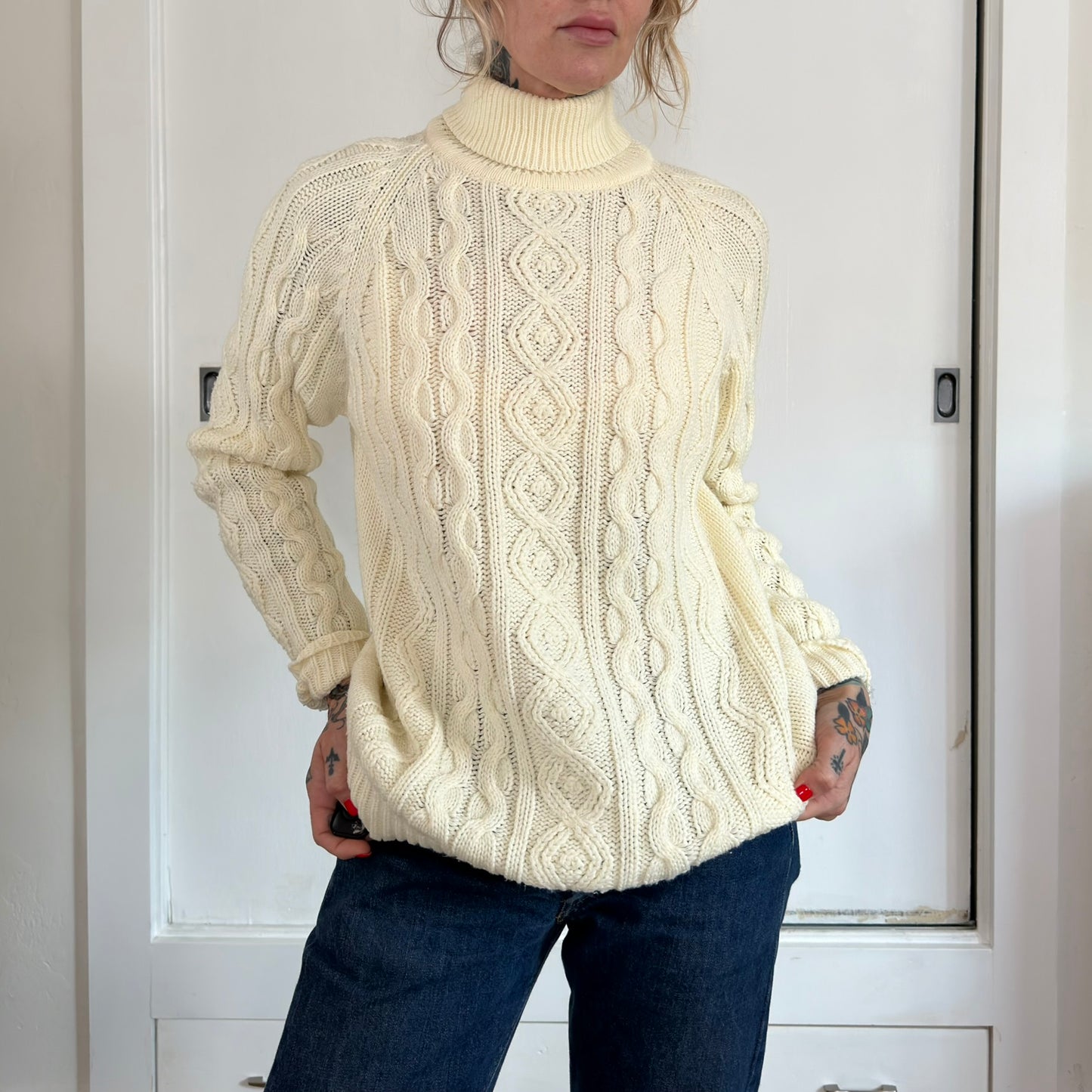 Vintage Kings Road Sears Cable Knit Turtleneck Sweater Cream Acrylic Mens M