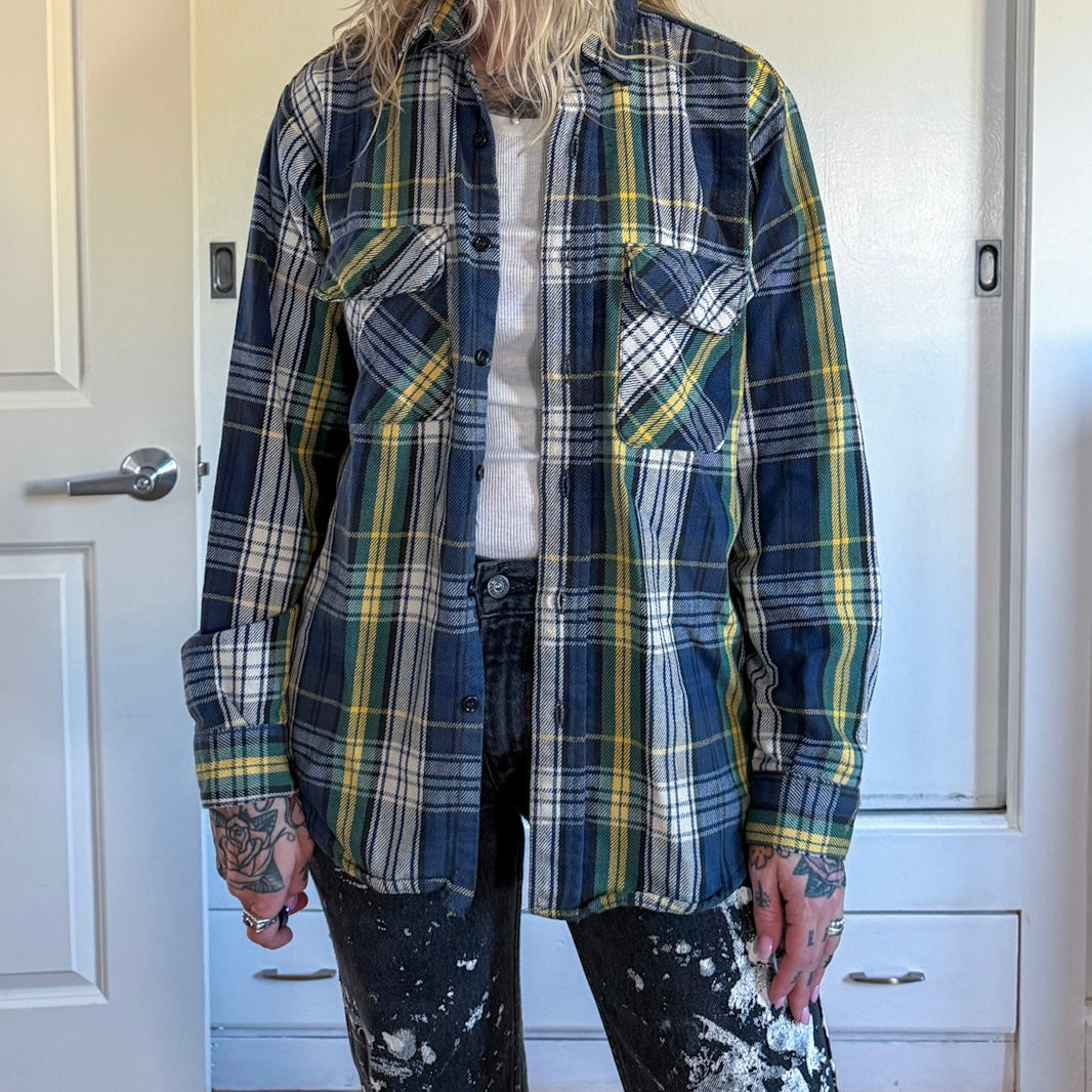 Vintage 1980s Five Brothers Navy Green White button down Flannel shirt