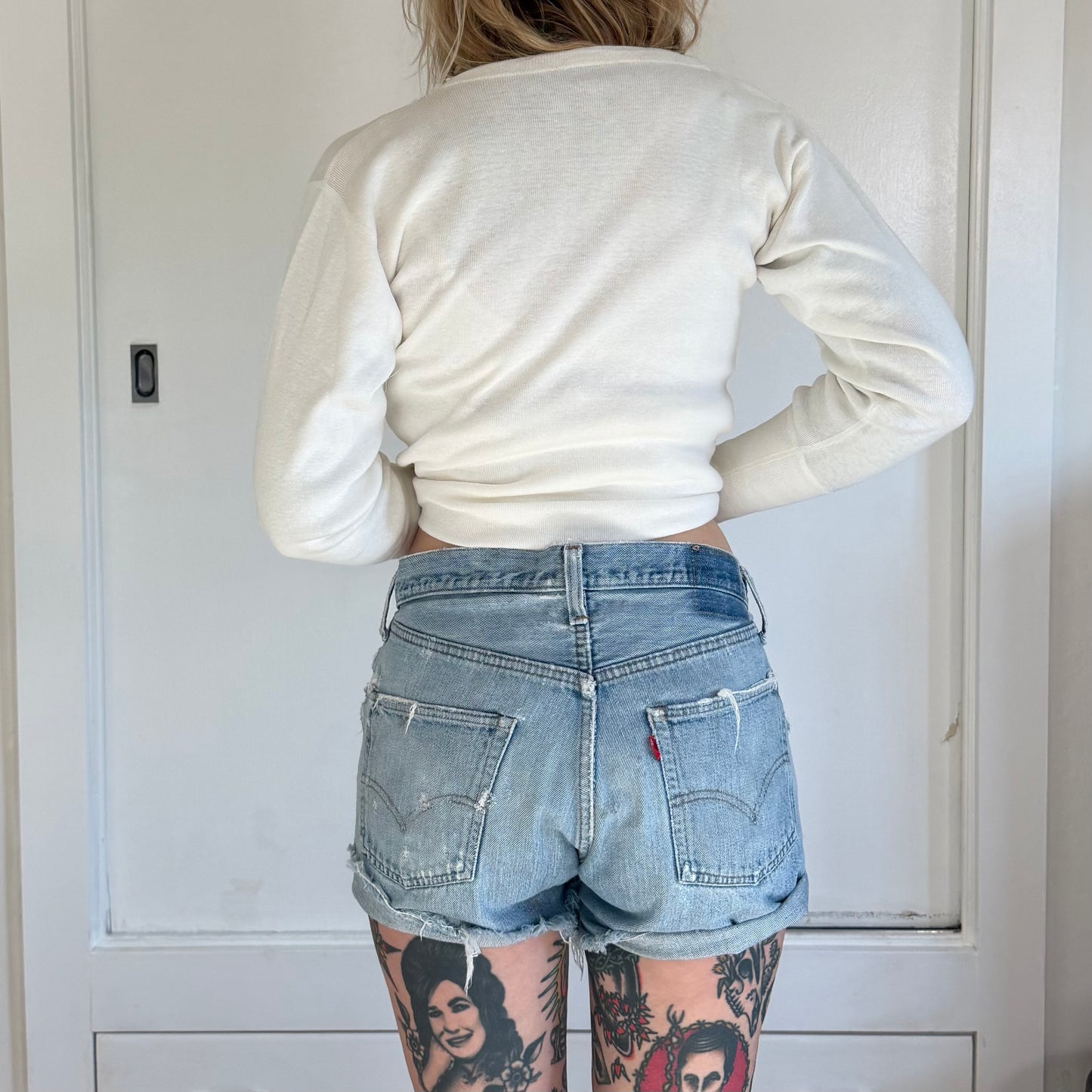 Vintage 1980s Levis 501 Selvedge Cut Off Shorts Light Wash Distressed Denim