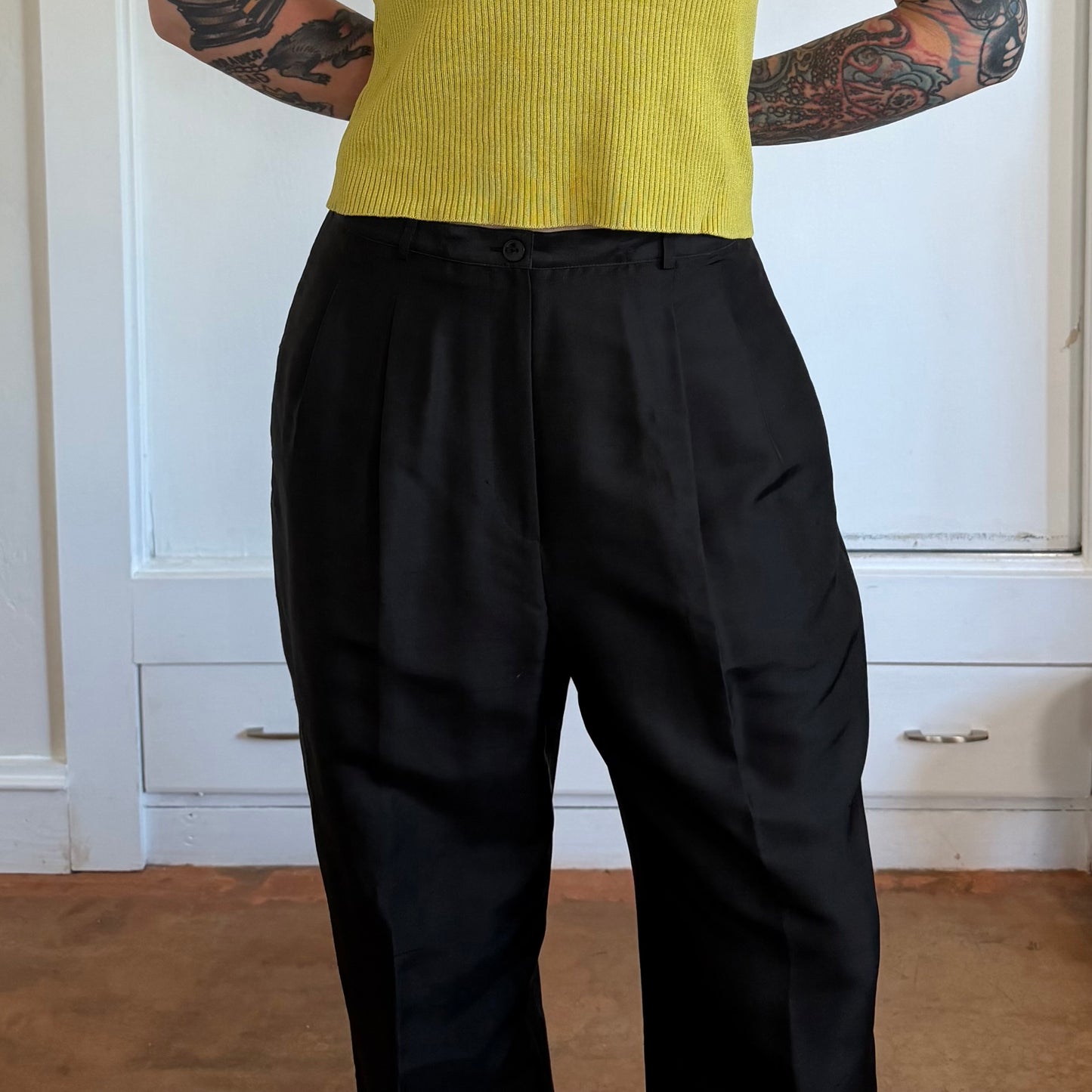 Vintage Kasper & Co Black Silk Pleated Trousers