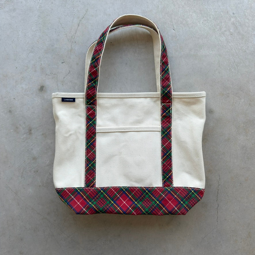 Lands End Canvas Tote Bag Cream Red Plaid Tartan Holiday Medium Open Top